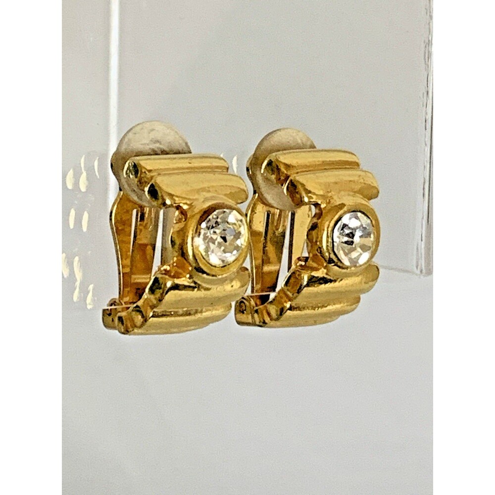 Vintage Carlisle Gold Tone Rhinestone Clip-On Earrings Retro Designer - Picture 3 of 7